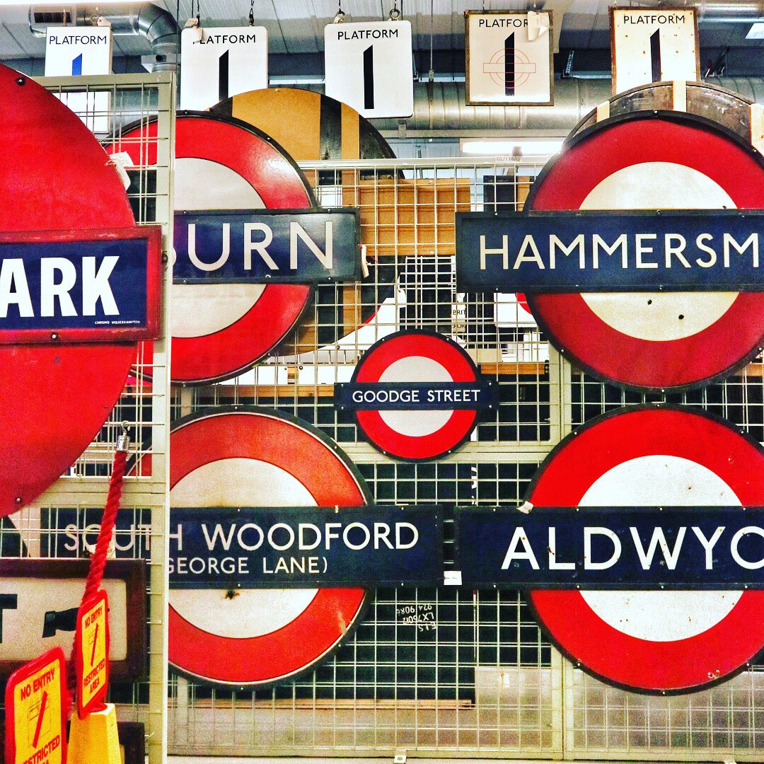 catmorley's tweet photo. Geeking out over roundels and tube signs at the Acton Depot open day! @ltmuseum @TfL #londonunderground #tube #tubesign #antiques #london #actontown #trains https://t.co/98wuvHVZZX