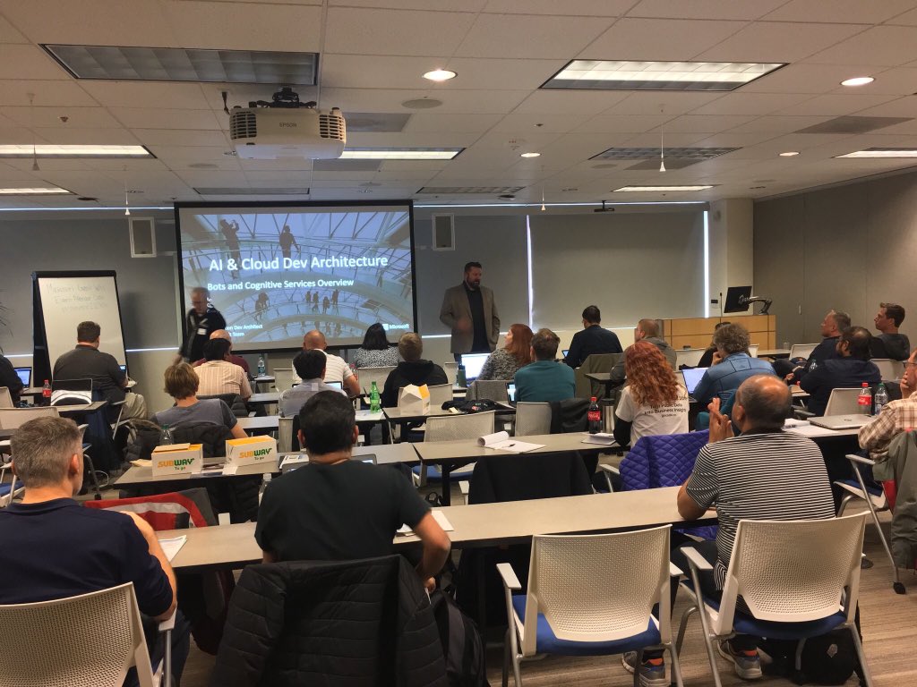 3tornados's tweet photo. I presented at the #GlobalAzureBootcamp today about Bots, AI &amp; Cognitive Services. I didn’t hear about a schedule change so I rolled in like 5 minutes before my presentation. I was only a little rattled ;) https://t.co/venqUdFQSg