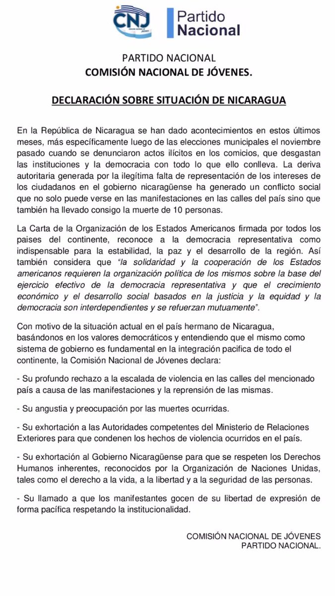 PNacionalJoven's tweet photo. Declaración de la Comisión Nacional de Jóvenes sobre la situación de Nicaragua. https://t.co/a5CpsQeOCA