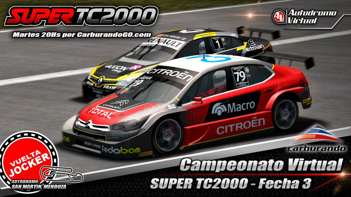 CarburandoTV's tweet photo. ⚠ Información ⚠ Hoy a las 20hs se disputará la 3era fecha del Campeonato Carburando de Autódromo Virtual.
.
Miralo por:
👉 https://t.co/S3HlurukHj 🖥
.
🏁 #Carburando #AutodromoVirtual #Autos #F1 #Velocidad #Game #Fierreros #Vivo #Cars #Argentina 🏁 https://t.co/7C5UxYvC8c