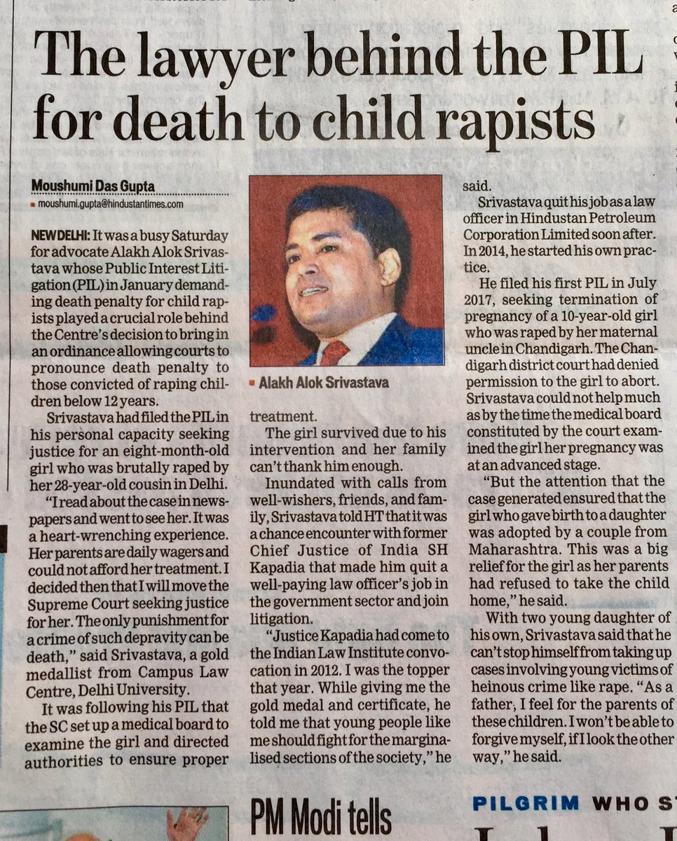 Thank you <a href="/narendramodi/">Narendra Modi</a> Ji for giving me more than what I prayed for in my PIL in SC. Y’day you landed at Delhi after hectic Europe Tour at 9 AM and chaired Cabinet Meeting to give justice to small children at 11 AM. Hats off !! (News on Me Published today in Hindustan Times)