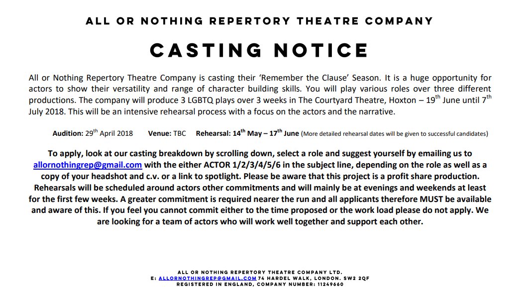 courtneyjlarkin's tweet photo. CASTING NOTICE
I'm directing Measure for Measure as part of Remember The Clause season for All or Nothing Theatre Company 
We're looking for actors: Here are details below!!! https://t.co/GZw0CUxyYa