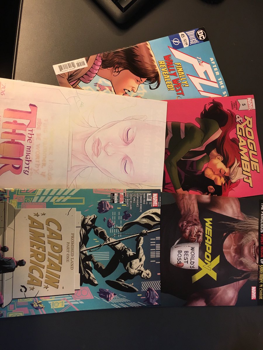 TomBrevoort's tweet photo. A day late on what looks good in the #MarvelBundle : Jane Foster’s last moments in THOR, bonus art by Adam Hughes & JG Jones in CAP, the wrap-up of ROGUE & GAMBIT, Sabretooth leads WEAPON X, and from elsewhere, Wally West One in Flash.... https://t.co/uoPOrSyB47