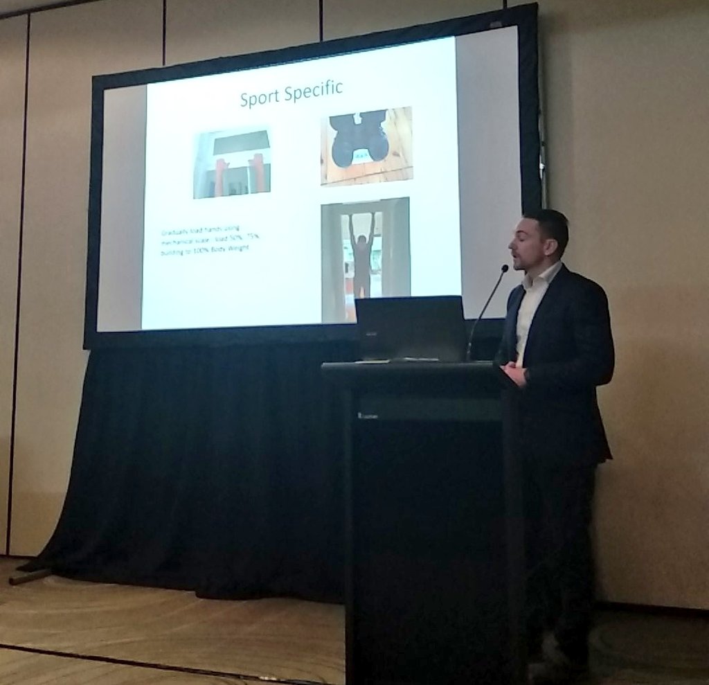 sportmednews's tweet photo. Sport specific activities for loading up a climbing athlete. Can progressively load even hanging off a door frame etc.. @sportsnspine at #SCASymp18 . https://t.co/GLqfdlVrme