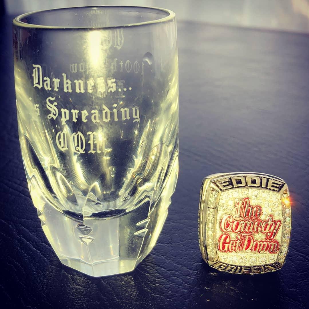 EddieGriffinCom's tweet photo. 100th Show Tonight! In Nashville @BrdgstoneArena Celebrate w/ us!!! @RealDLHughley @CedEntertainer @georgelopez 3 1/2 years & still going strong! George Got us Championship Rings! Thanx Chingon!! I Got the Team Crystal Engraved shot glasses #DarknessIsSpreading #CQM 4ever โ๐พ๐ https://t.co/bZb9AAafaB