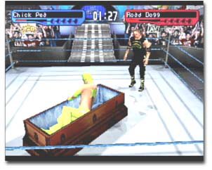 JsmallSAINTS's tweet photo. I gotta turn on #SmackDown2KnowYourRole for @Playstation 1 if I want to play a goddam #CasketMatch Now only if I can find a time machine...#ComeOn @WWE2K18_ #GreatestRoyalRumble https://t.co/DcFzBA3g1R