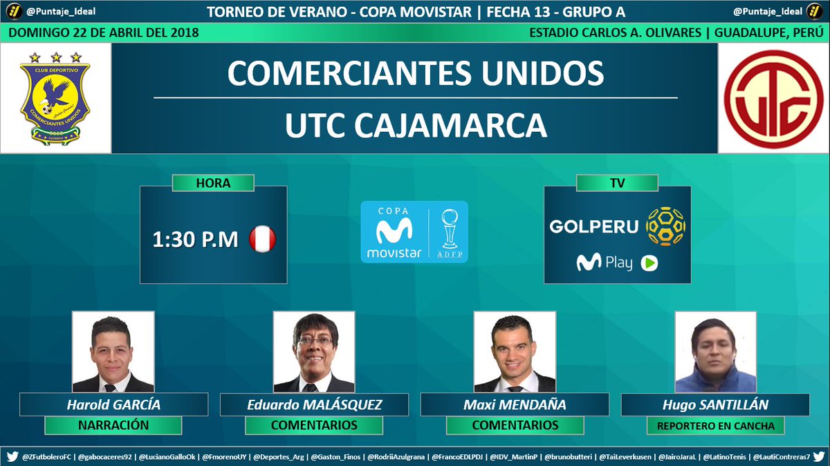 Puntaje_Ideal's tweet photo. ⚽ #TorneoDeVerano 🇵🇪 | #ComUnidos 🆚 #UTC
🎙 Narración: @HaroldGaD
🎙 Comentarios: #EduardoMalásquez - @maximend92
⛳️ En cancha: @hugo_1055
📺 TV: @GOLPERUoficial - @MovistarPeru
Dale RT 🔃 https://t.co/V0dT1kg0g5