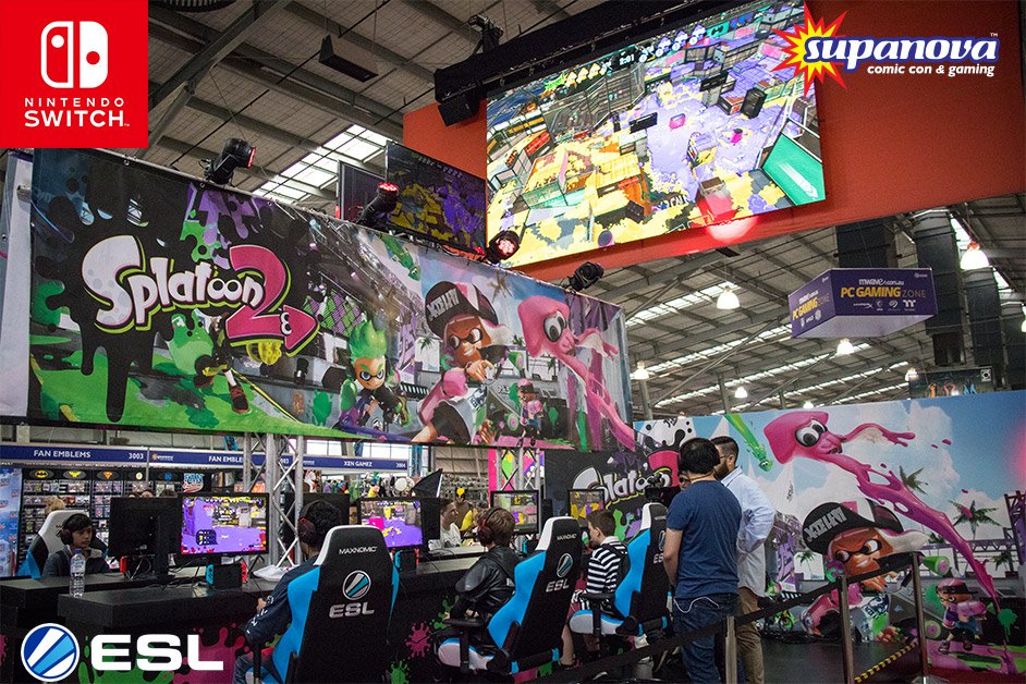 NintendoAUNZ's tweet image. Want to try out #Splatoon2 on #NintendoSwitch today?
Join in some casual Turf War &amp;amp; Salmon Run action &amp;amp; get splatting!
Follow in the footsteps of yesterday's grand finalists &amp;amp; play on the big stage at the #Supanova Splatoon 2 stand: we're here all day!