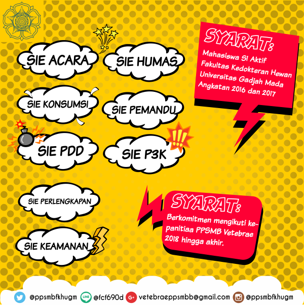 ppsmbfkhugm's tweet photo. [REKRUTMEN TERBUKA STAFF PPSMB VETEBRAE 2018]
.
PPSMB Vetebrae 2018 akan segera berlangsung!
Siap untuk berkontribusi? Siap untuk menjadi bagian dari Panitia PPSMB Vetebrae 2018?
.
Ikuti Rekrutmen Terbuka Staff PPSMB Vetebrae 2018! https://t.co/myqRHf63iT