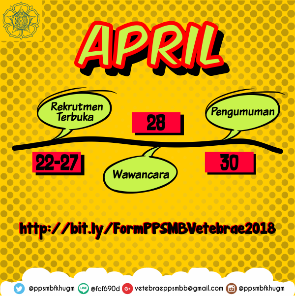 ppsmbfkhugm's tweet photo. [REKRUTMEN TERBUKA STAFF PPSMB VETEBRAE 2018]
.
PPSMB Vetebrae 2018 akan segera berlangsung!
Siap untuk berkontribusi? Siap untuk menjadi bagian dari Panitia PPSMB Vetebrae 2018?
.
Ikuti Rekrutmen Terbuka Staff PPSMB Vetebrae 2018! https://t.co/myqRHf63iT