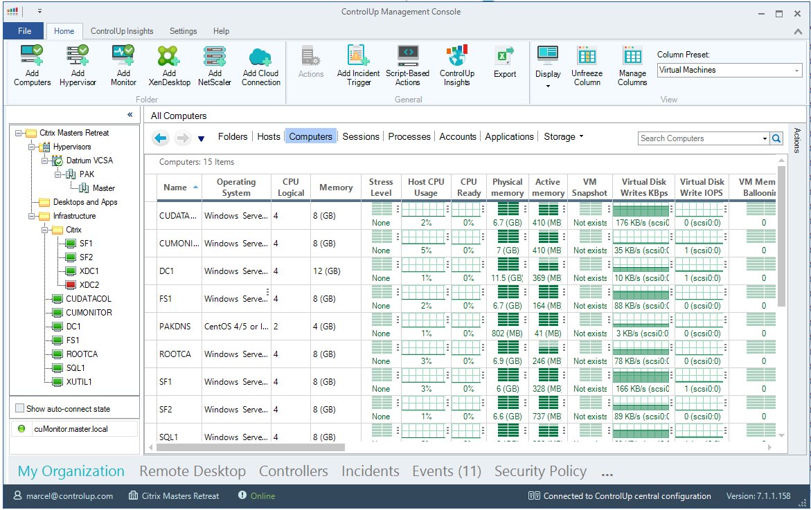 mcalef's tweet image. Loaded @ControlUp in the #CitrixMastersRetreat environment provided by #Datrium
Ready to measure the impact of installing all the components!!