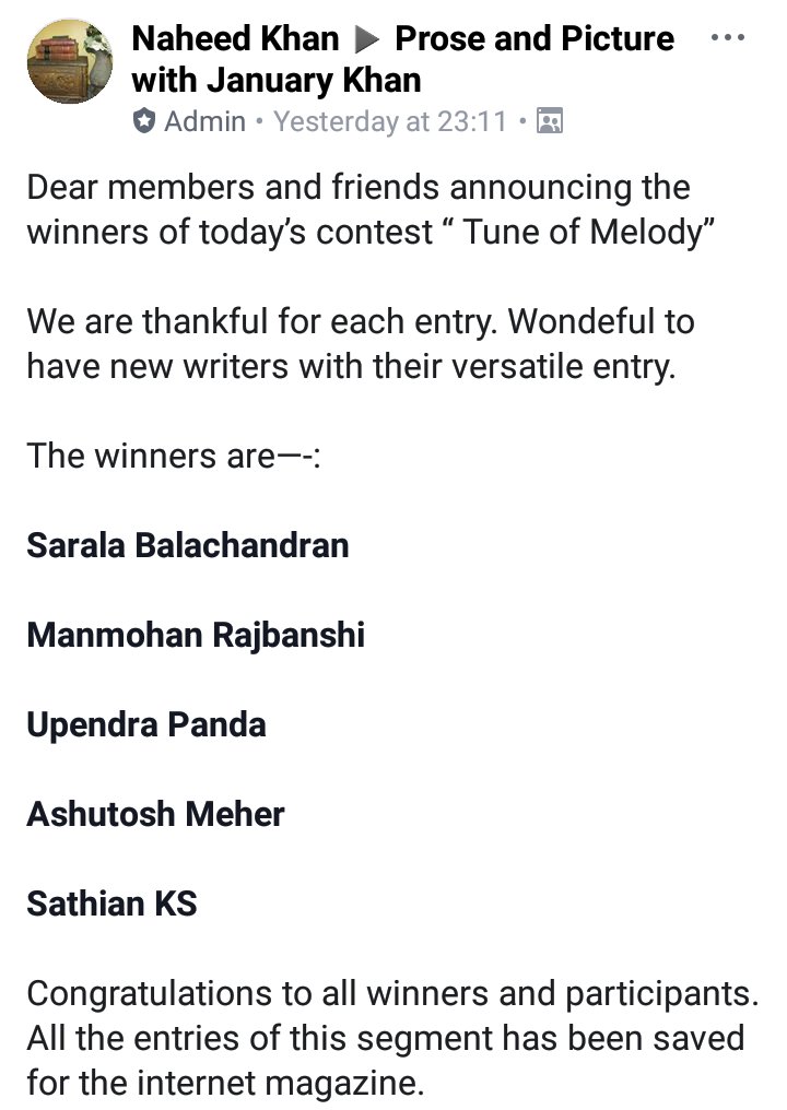 AshutoshMeher9's tweet photo. Goodmorning 😀 😀 😀
Nice feelings...again to be appreciated. My #Dear_Darling find a place as one of the five best entiries under the segment #Tunes_of_Melody
Thanks #PPJK & Naheed Khan madam ji for appreciation of my work.That always encourage to refine our selves further. https://t.co/6Gi3QYk2TK