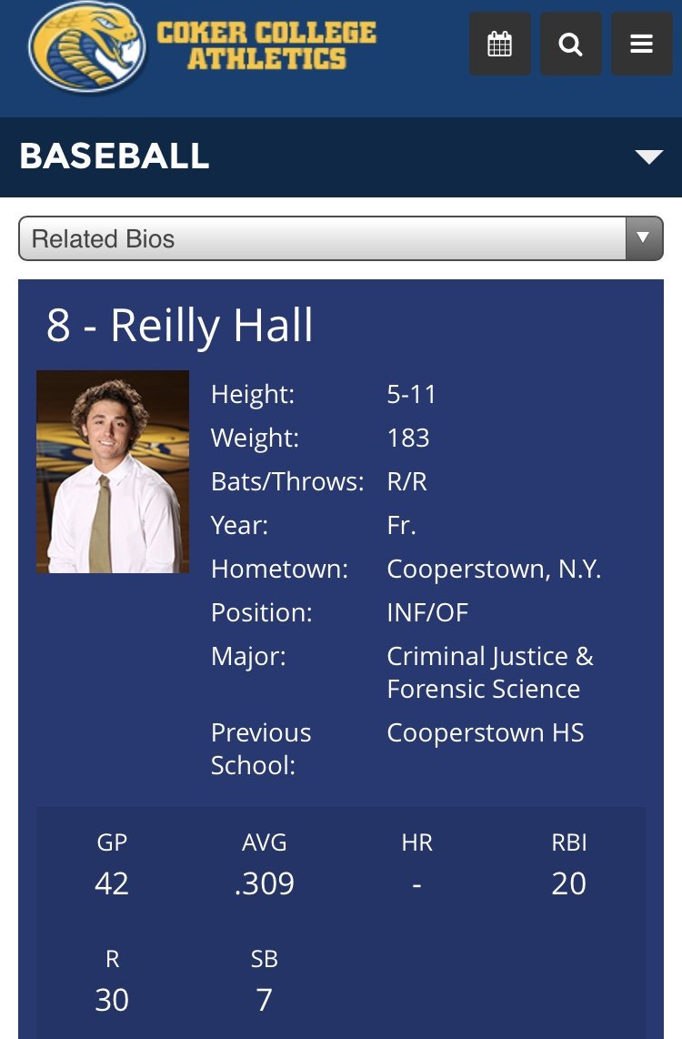 AthleticsCcs's tweet photo. What a great freshman baseball season put together by CCS alum and @Coker_Baseball product @reillyhall22, finishing the year appearing in 42 of 43 games. https://t.co/PMMKFHHs7X
