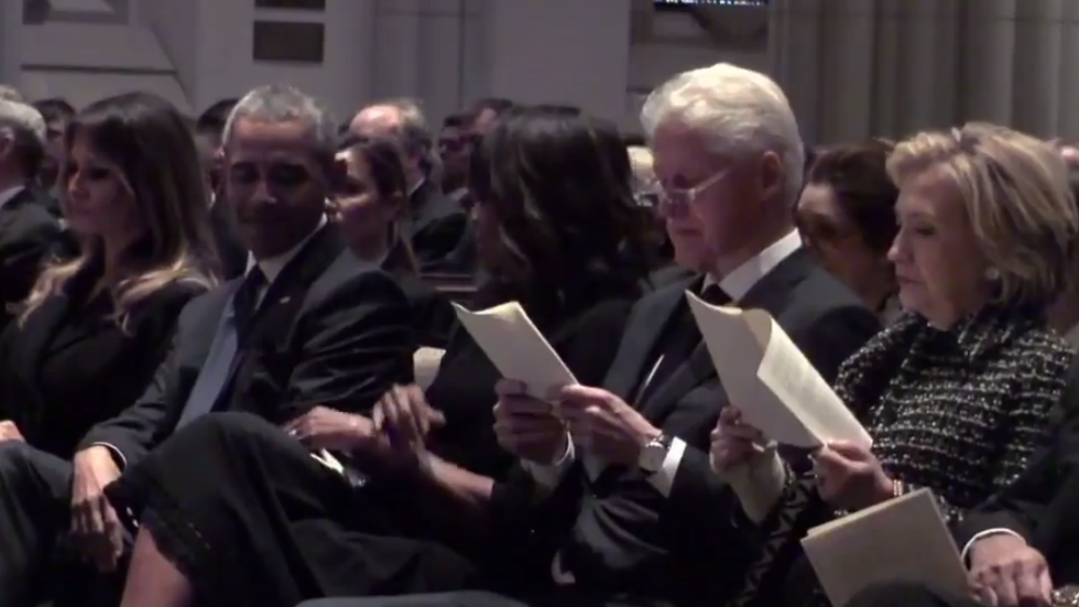 thehill's tweet image. Obamas, Clintons, Melania attend Barbara Bush funeral while Trump watches from 
Mar-a-Lago hill.cm/22lvBr9