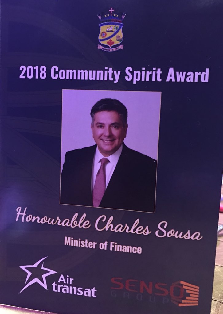 CMartinsTO's tweet photo. What an honour to celebrate &amp; recognize @SousaCharles this evening as he receives the #PCCM 2018 Community Spirit Award. Thank you for your leadership, mentorship, inspiration  to me &amp; to so many &amp; for your friendship. Obrigado! Parabéns! https://t.co/ppQewddBhh