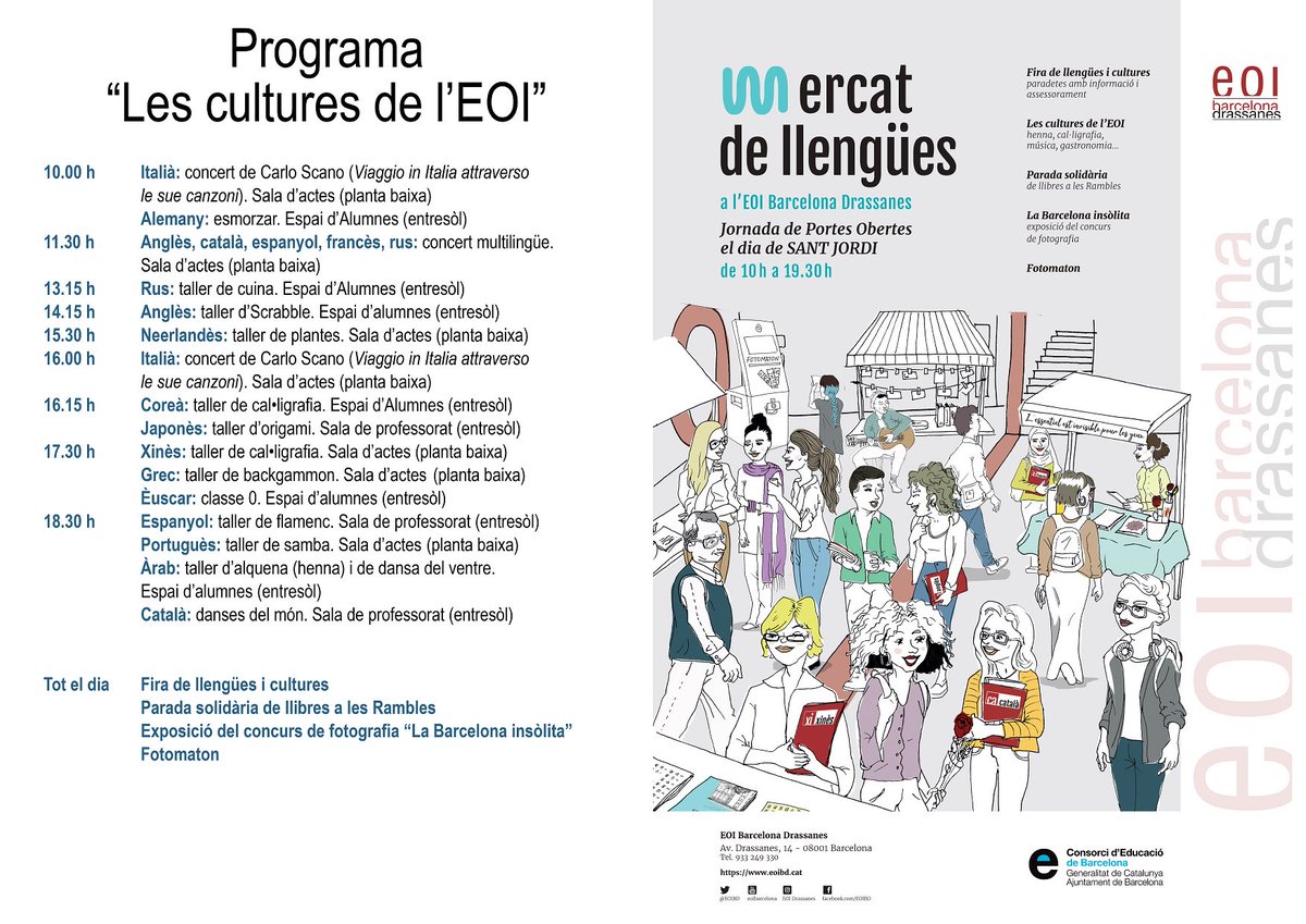 EOIBarcelona's tweet photo. De 10 a 12 h del 23/4: 
DEUTSCHES FRÜHSTÜCK (esmorzar alemany), a l'espai d'alumnes (entresòl)
Per #SantJordi2018 PORTES OBERTES
Activitats gratuïtes i obertes al públic
I tot el dia: informació i assessorament, parada solidària, exposició fotogràfica, fotomaton https://t.co/o51B70FDKC