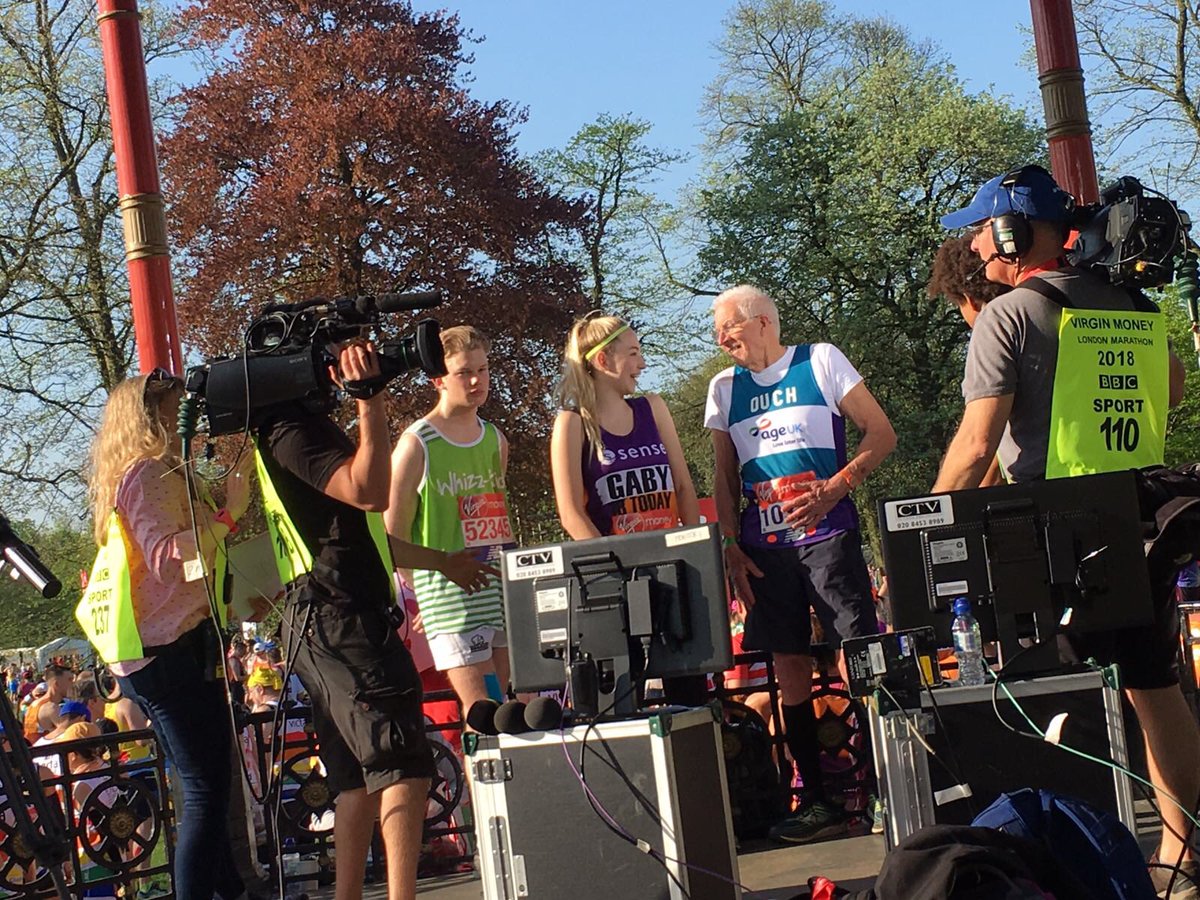 HamptonPool's tweet photo. John’s preparation for the @LondonMarathon is to have a TV interview! #oldestrunner #londonmarthon 
https://t.co/8sVRReuBsk https://t.co/DzP32pH7UJ