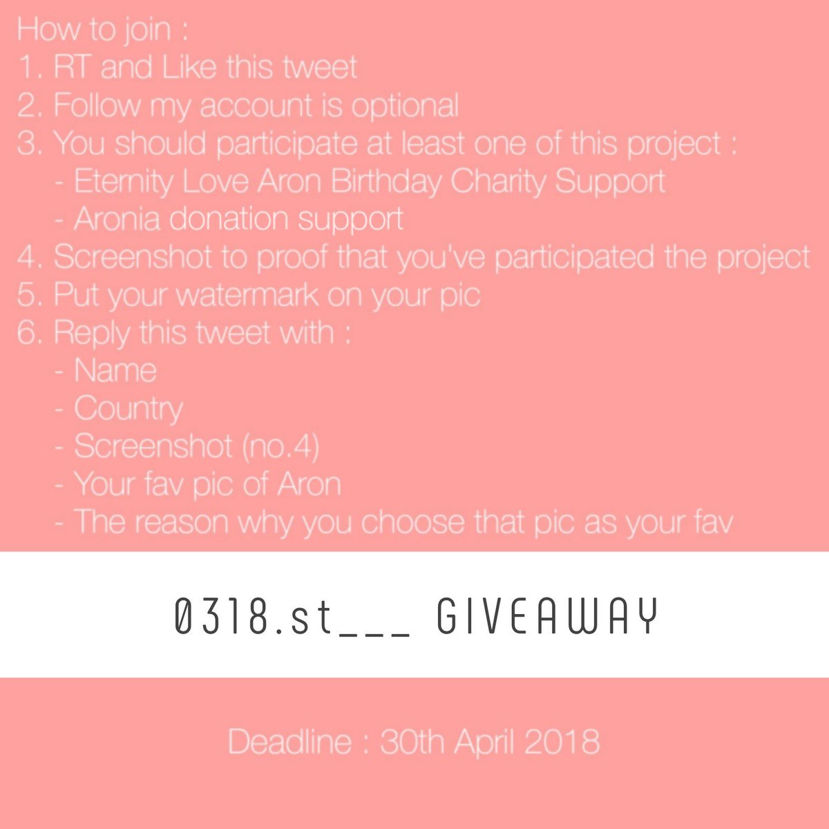 0318st___'s tweet photo. HELP RT : GIVEAWAY
- 6 winners
- Shipping worldwide (free)
- Read the rules carefully
- Birthday support :
Eternity Love :
https://t.co/OgPWMMJVl5
Aronia :
https://t.co/cGKbbexqzO
Goodluck everyone♥
Deadline 30th April 2018
#0318st___giveaway
#뉴이스트 #민현 #백호 #랜 #ARON #JR https://t.co/LnAjFSFEKx