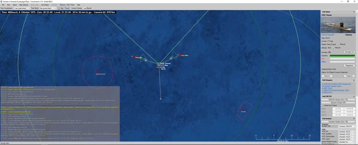 CommandDevTeam's tweet photo. "Narwhal is launching her second salvo of 4x Mk48s; two against the limping Kiev and two against a Kynda cruiser approaching from north-west. To the east, Tinosa’s torpedoes are running down the Kresta II"
#CMANO #NorthernInferno AAR#12 - Hunter Or Hunted https://t.co/h6Qqh3A8vO https://t.co/LYRH6LlbC1