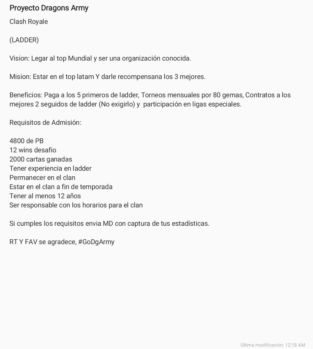 Nos complace anunciar nuestro proyecto de <a href="/ClashRoyaleES/">Clash Royale ES</a>, Recordad si cumples envía MD, #GoDgArmy
RT y fav se agradece.