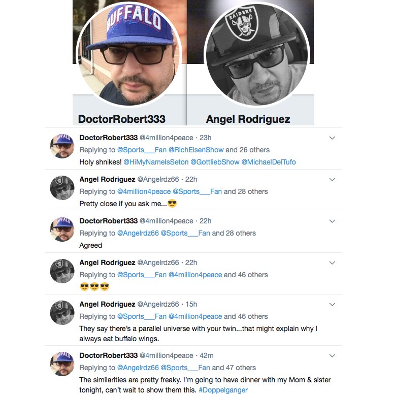 Sports___Fan's tweet photo. #NationalLookAlikeDay what're the odds #TwitterAvatar #LookALike ?
- Out of 1 Billion.@Twitter accounts
#RAIDERS #buffalobills #RaiderNation #BillsMafia
#Twins #BodyDouble #LikeLookingInAMirror #Doppelgänger #BrotherFromAnotherMother.@TwitterMoments.@NFL #Contest #WeHaveAWinner https://t.co/NSABoP6DcN