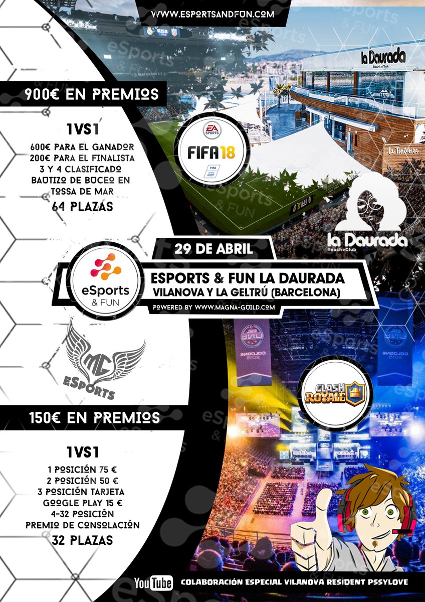 GuildMagna's tweet photo. ¡Últimas plazas para el torneo de @ESportsandfun @clashroyale @EAfifa18 @pssylove1 no faltéis a este magnífico evento con premios y más diversión aún escenario de lujo para disfrutar del domingo, te esperamos. 🎁🏆 https://t.co/W4tEVRwpno