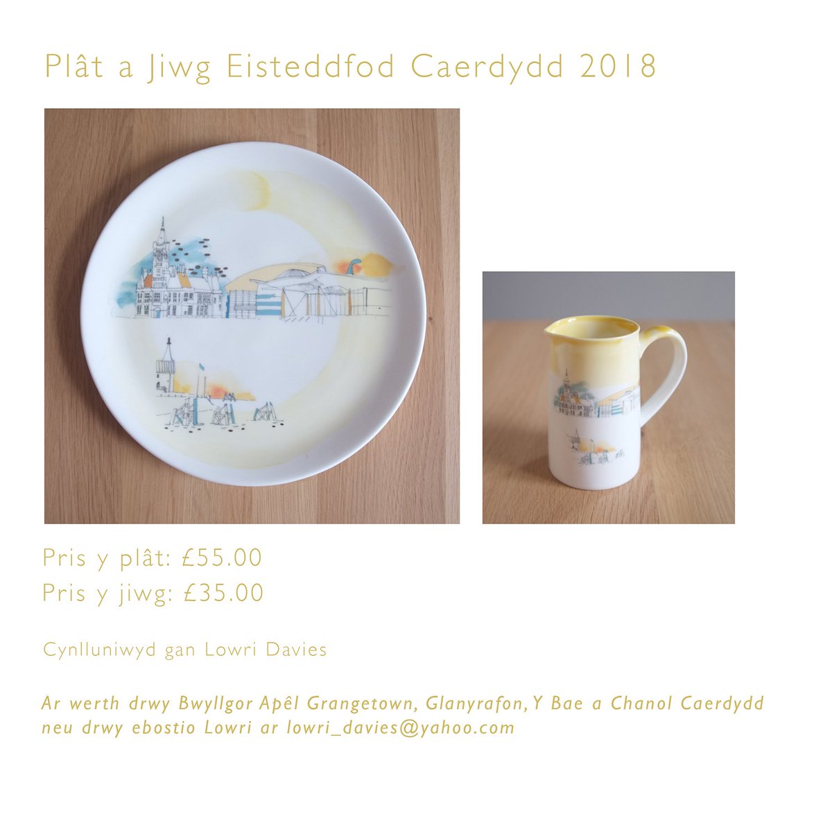 Diolch enfawr i <a href="/c_lowridavies/">Lowri Davies</a> am greu'r platiau a jiwgiau arbennig yma ar gyfer yr apêl, ma' nhw'n hyfryd! Nifer cyfyngedig ar gael, cysylltwch i archebu #steddfod2018 #BaeCaerdydd