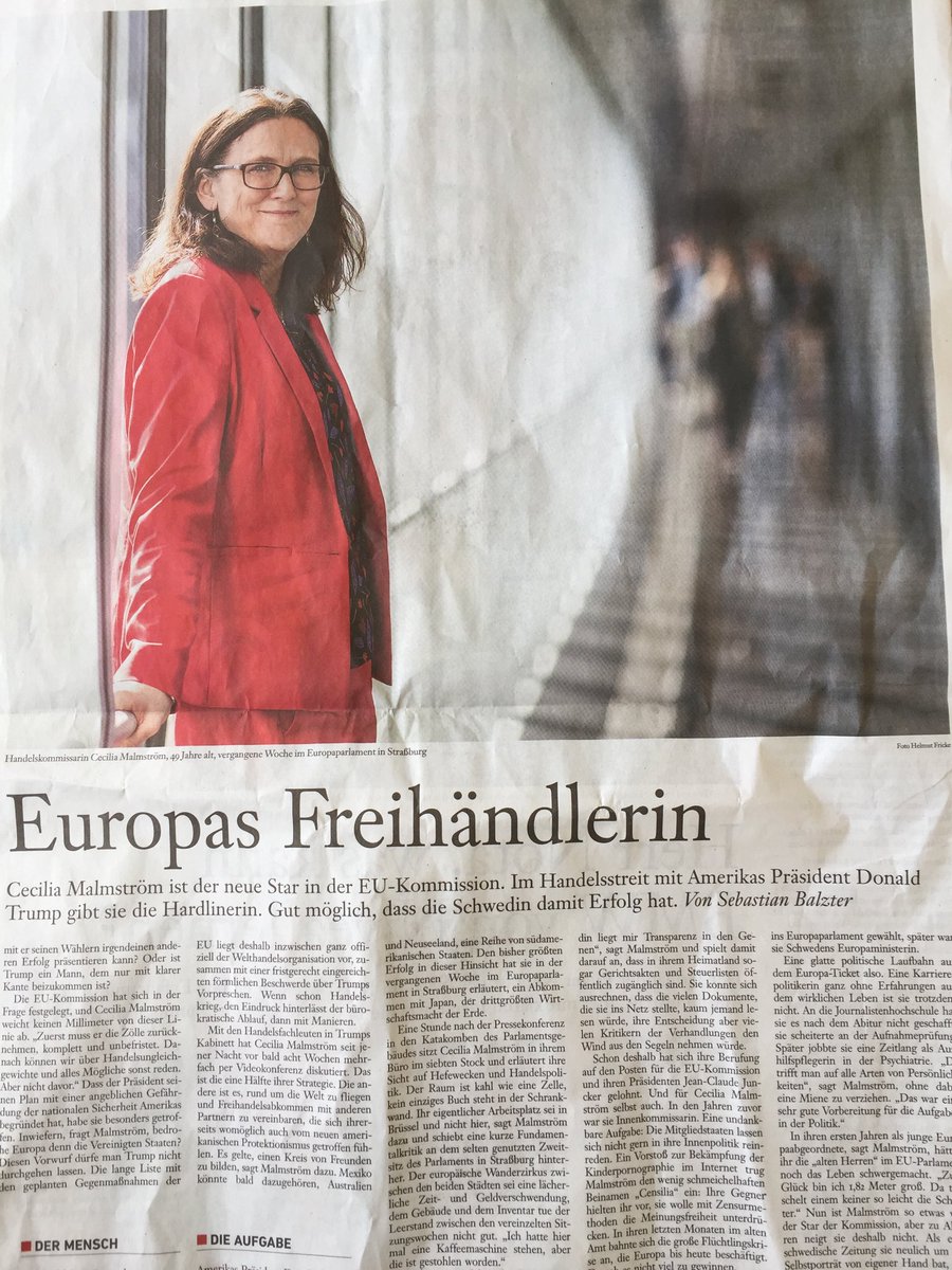 KH_Paque's tweet photo. A star of @EU-commission in fight for free trade: Cecilia @MalmstromEU (in @FAZ_Wirtschaft). She has the right strategy against protectionism of @realDonaldTrump: tough counter threats + readiness to talk. We Liberals support her. @liberalinternat @ALDEParty @fdp @FNFreiheit https://t.co/0wsrI87ZAD
