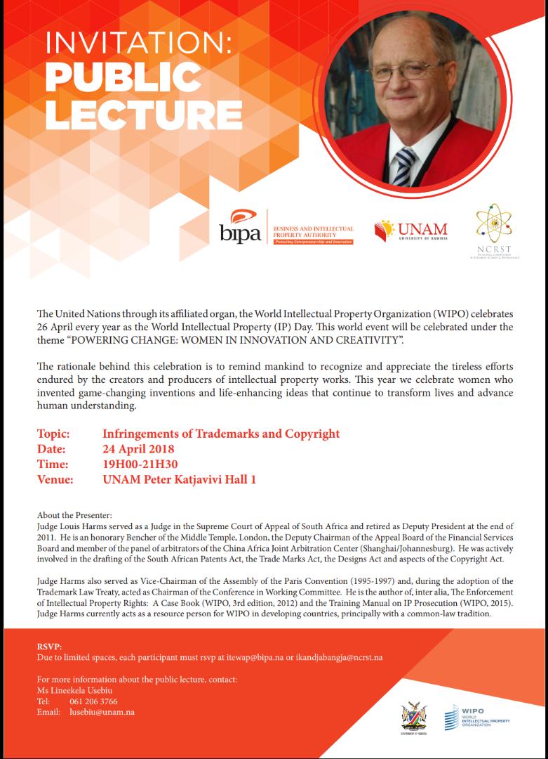 NCRST_Namibia's tweet photo. Join us for this public lecture on Intellectual Property Rights.
Limited spaces available.Regiater your rsvp on the emails provided.
#ncrst #bipanamibia #worldipday #innovation #intellectualproperty #wipo #26april2018 https://t.co/xIcPEO7WQN