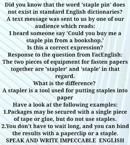 facenglish1's tweet photo. Did you know that the word 'staple pin' does not exist in standard English Dictionaries? https://t.co/KQeQFihH2N