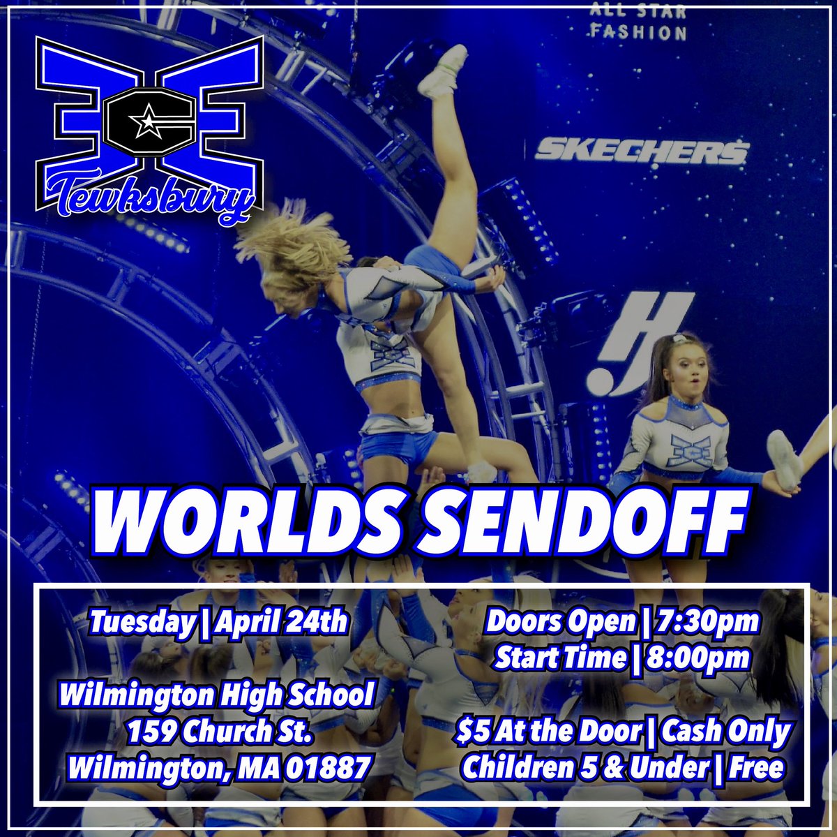 ECE_Cheer's tweet photo. ECE TEWKSBURY WORLDS SENDOFF 🌎💙 Open to the public! 

📆: Tuesday, April 24th
📍: Wilmington High School
⏰: 8:00pm 

Come support @ECEC5_, @ECE_M5, and @ECE_i5_ladies in their last performances before #CheerWorlds2018❗️ https://t.co/yIHzuCNIl8