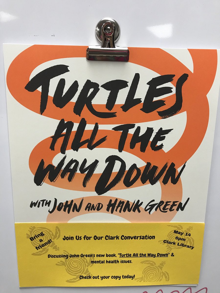 ClarkTxLib's tweet photo. Hey #ClarkTexas seen these posters around campus? We hope you join us in reading this great book and attend our 1st #ClarkConversation 5/14 at 6pm. We’re discussing mental health issues&learning about resources that can help. Let’s talk, Clark!
🐢🐾 @ClarkGuidance https://t.co/W5NphWwXcN