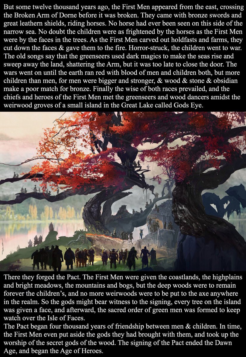 SerASOIAF's tweet photo. The Pact began four thousand years of friendship between men and children. In time, the First Men even put aside the gods they had brought with them, and took up the worship of the secret gods of the wood. The signing of the Pact ended the Dawn Age, and began the Age of Heroes. https://t.co/jaRIji4ZmB