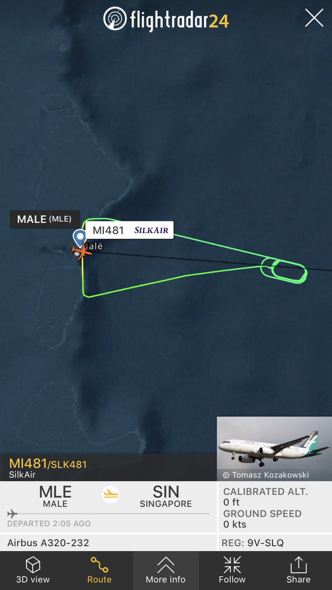 FlightIntl's tweet photo. SilkAir flight #MI481 from Male to Singapore has just returned to MLE https://t.co/CU3Wmjfxd1 https://t.co/M9xuqP60Ip