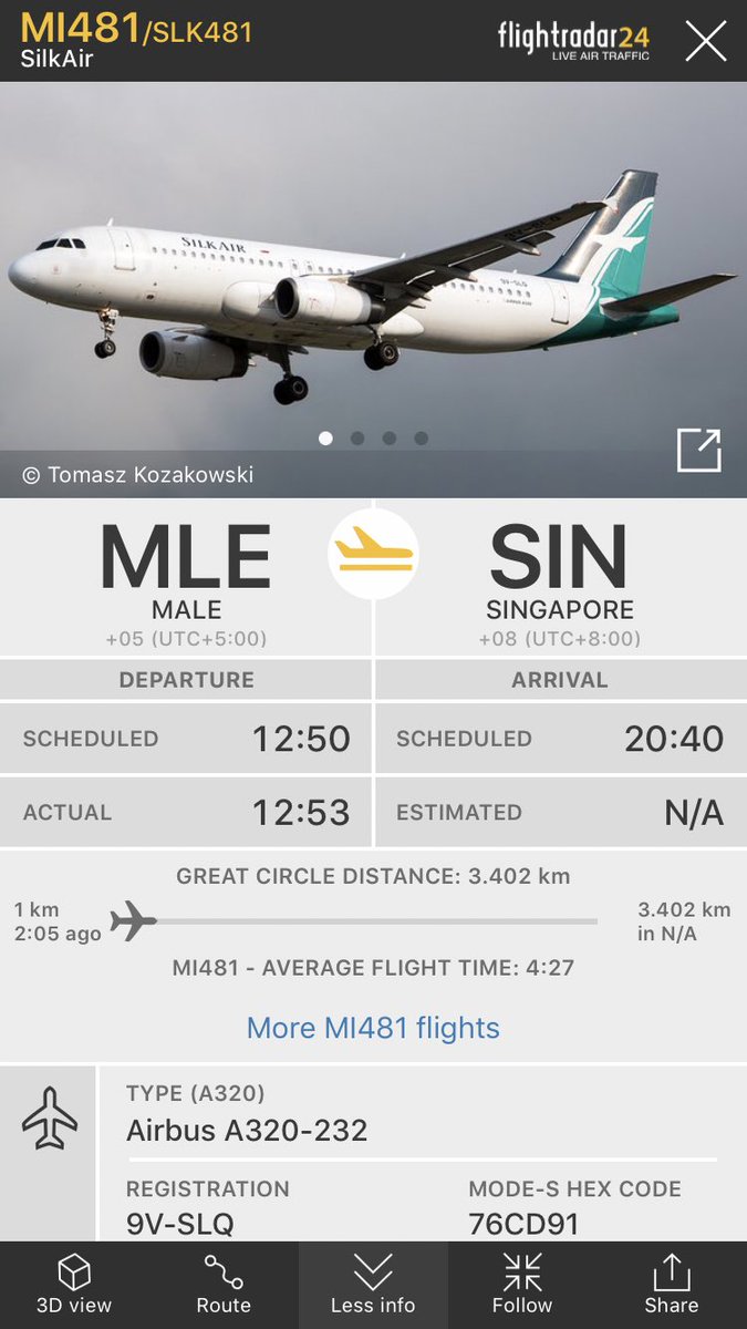 FlightIntl's tweet photo. SilkAir flight #MI481 from Male to Singapore has just returned to MLE https://t.co/CU3Wmjfxd1 https://t.co/M9xuqP60Ip