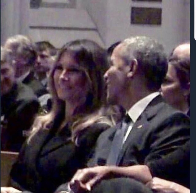 elzey_t's tweet photo. I’d like to know what they’re saying through clenched teeth, maybe: Obama, “Your husband is a lying asshole.” Melania, “I know.” #SundayMorning #Trump #TrumpRussia #TheResistance #Resistance #Resist #IpeachTrump #BlueWave2018 #FBat #p2 https://t.co/K8bibKramP