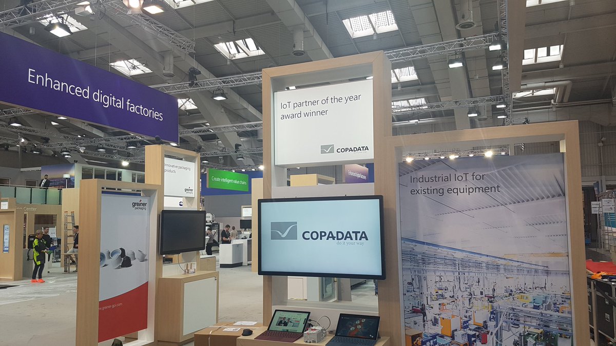 jpetrowisch's tweet photo. All set up for the @hannover_messe this week. Visit @copadata and @msftmfg (hall 7, booth C40) and let's talk about your #DigitalTransformation. #HMI18 #zenonrocks @Microsoft @msPartner https://t.co/bPBudwS6Za