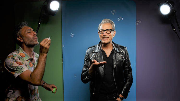 ragnaroloki's tweet photo. it's hard to stay positive these days but here is a picture of Taika Waititi blowing bubbles at Jeff Goldblum https://t.co/DC6Itnk4ln