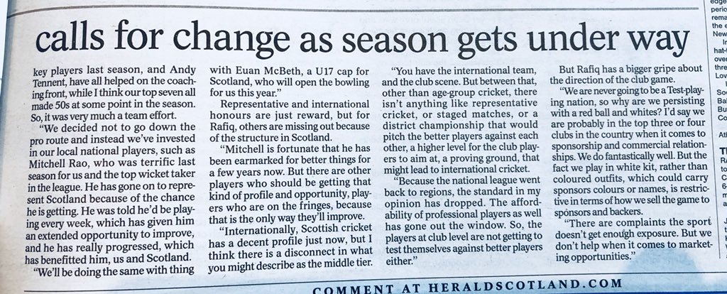 Steady.... <a href="/newsundayherald/">New Sunday Herald</a> has remembered we #PlayCricket in Scotland and no more august than <a href="/sweirz/">Stewart Weir</a> <a href="/Pwick_Cricket/">Prestwick C.C.</a> the focus <a href="/Shahzad747/">Shahzad Rafiq</a> suggesting we end playing with #redballandwhites @EuanMcbeth1869 <a href="/MitchellRao/">Mitchell Rao</a>