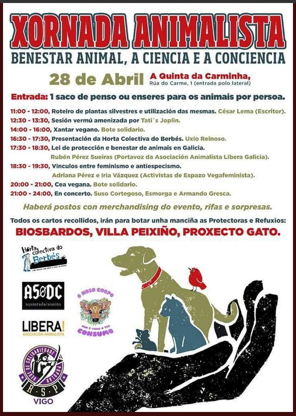 coiascan's tweet photo. Jornada Animalista 28 de abril en @carminhanarede #Vigo en apoyo a @ProteBiosbardos @Villa_Peixinho y #proyectogato. #BienestarAnimal #BenestarAnimal #feminismo #antiespecismo #comidavegana #xantarvegano #plantassilvestres.
@ruben_prz @LiberaONG @vegafeminist https://t.co/LubPEm49zT