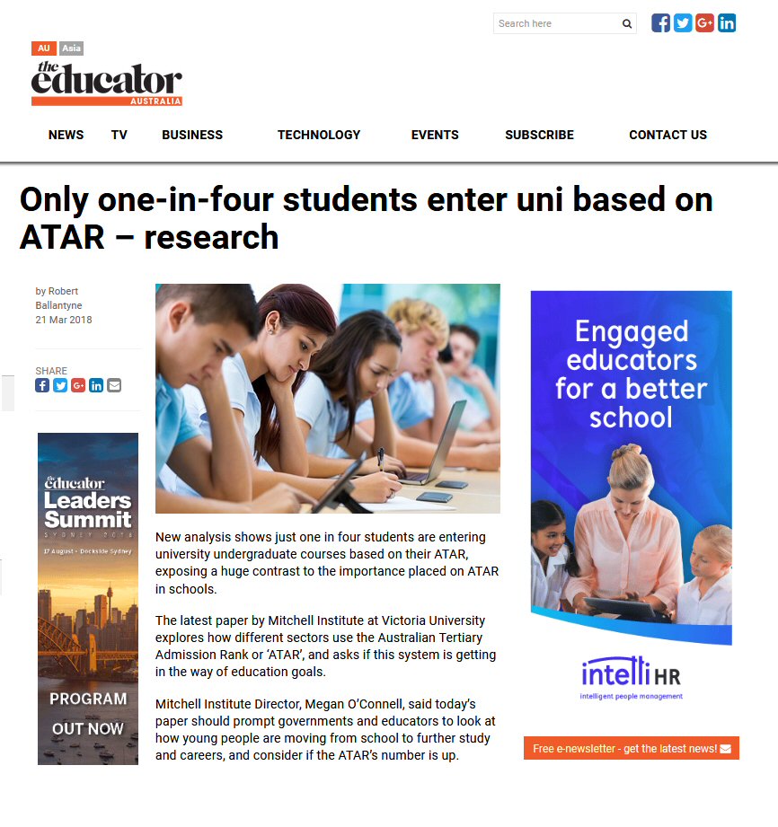 theinventorium's tweet photo. Latest Paper by Mitchell Institute at Victoria Uni asks: “…if ATAR doesn’t matter for ¾’s of undergrad admissions, why is it treated as the most important outcome of 13 years of schooling?” #inventorium #21stcenturyed #educhange #aussieED #homeeducation
https://t.co/9rzPCpKsVB https://t.co/8fMbkgexen