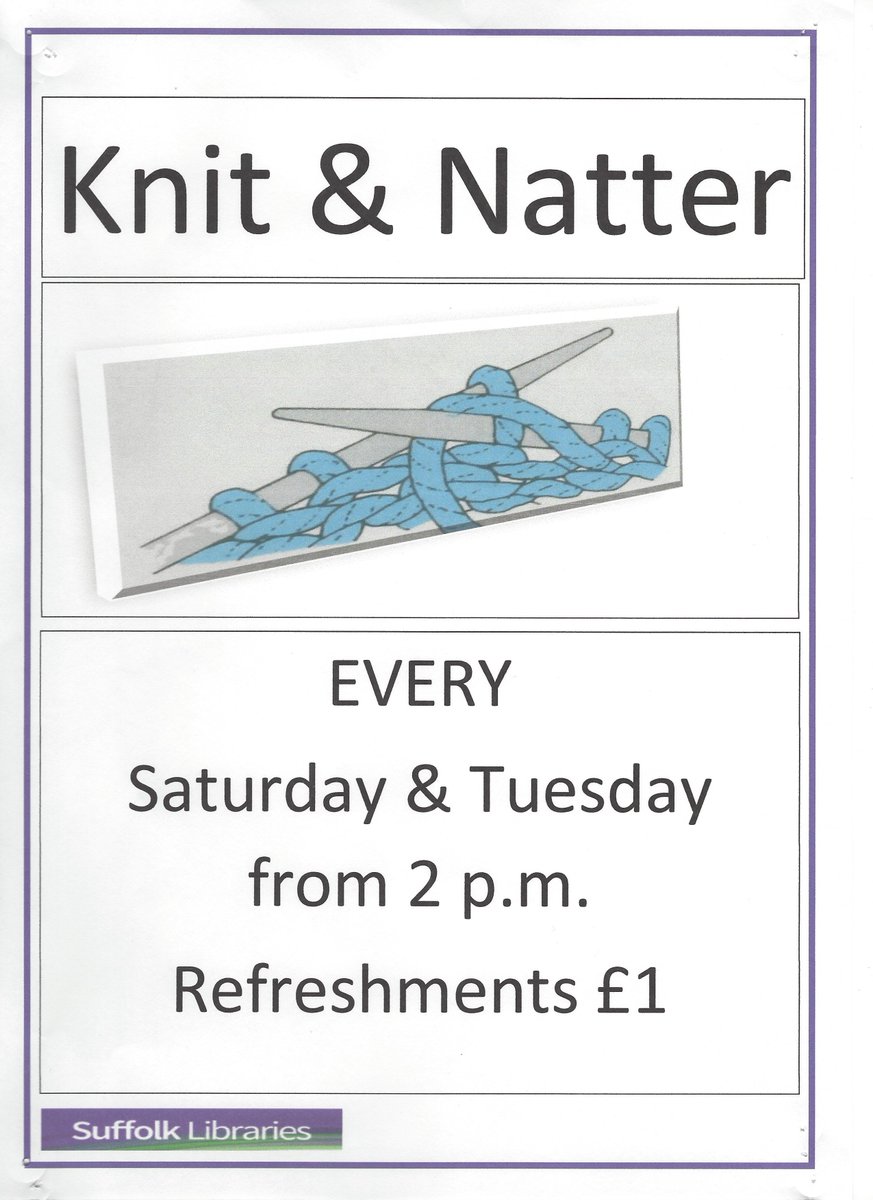 Do you like to knit &amp; natter? Bring along your works in progress, your crochet hooks &amp; your knitting needles to our knit &amp; natter group on Tuesdays &amp; Saturdays. We'll provide the refreshments, you bring the natter. <a href="/Nmktbusiness/">Newmarket Matters</a> <a href="/SuffolkLib/">Suffolk Libraries</a> <a href="/LoveNewmarket/">Love Newmarket</a>
