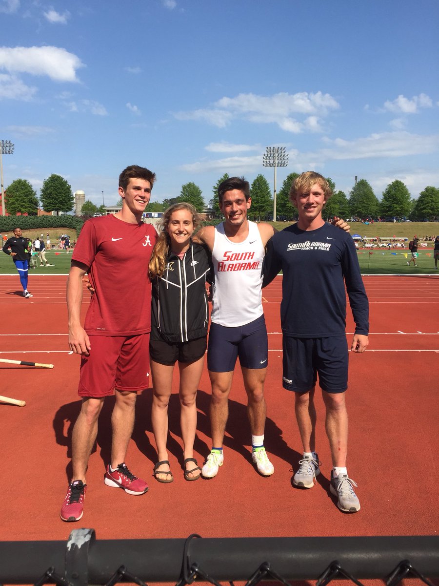 Former McT pole vaulters Jake Spotswood (Alabama), Margaret Ollinger (Vandy), Sean Collins (USA), Chris Taylor (USA) competing in the War Eagle Invitational in Auburn yesterday. #WhoAreWeMcT