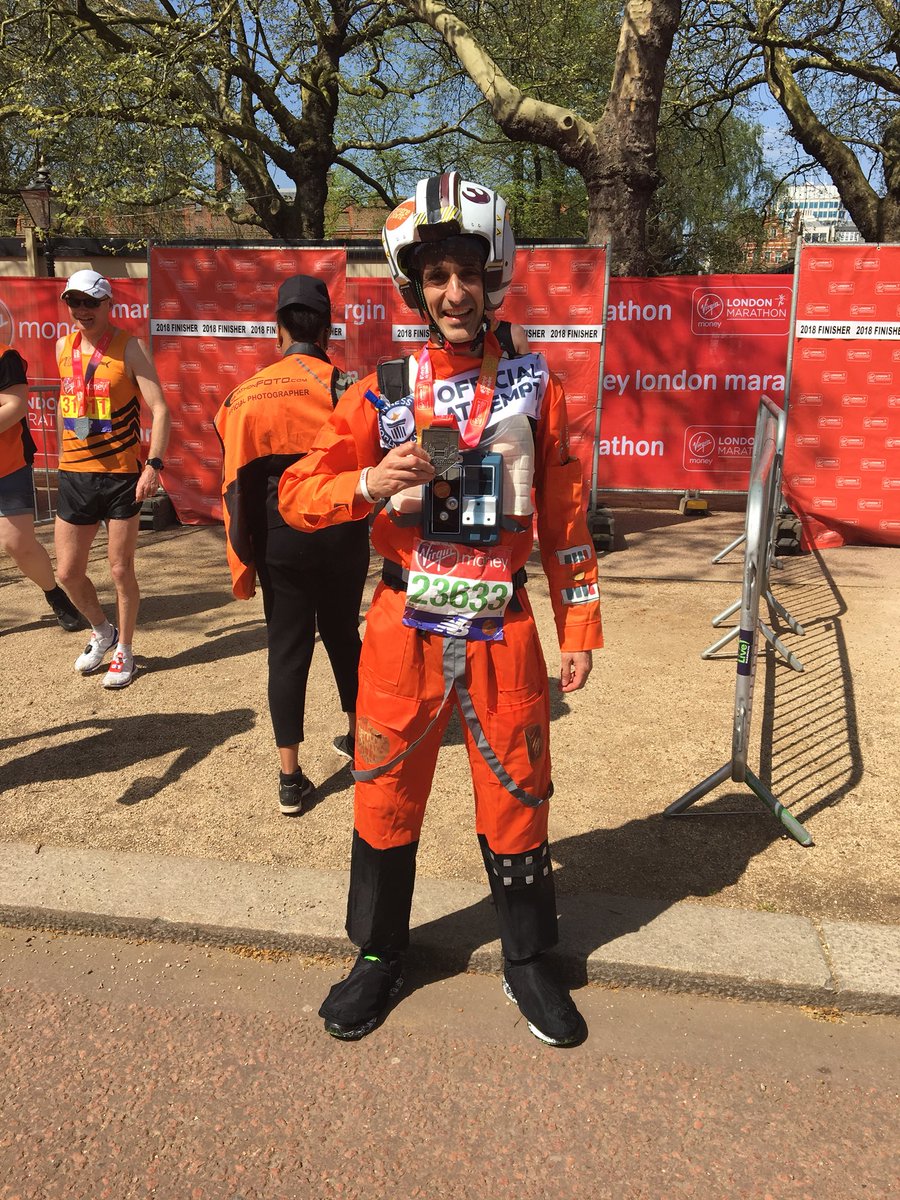 GWR's tweet photo. The Force was with Mathieu Lavedrine at the #LondonMarathon today – he’s just achieved the fastest marathon dressed as a Star Wars character. The X-Wing pilot finished in 3:05:27 https://t.co/Q35EtGhojK