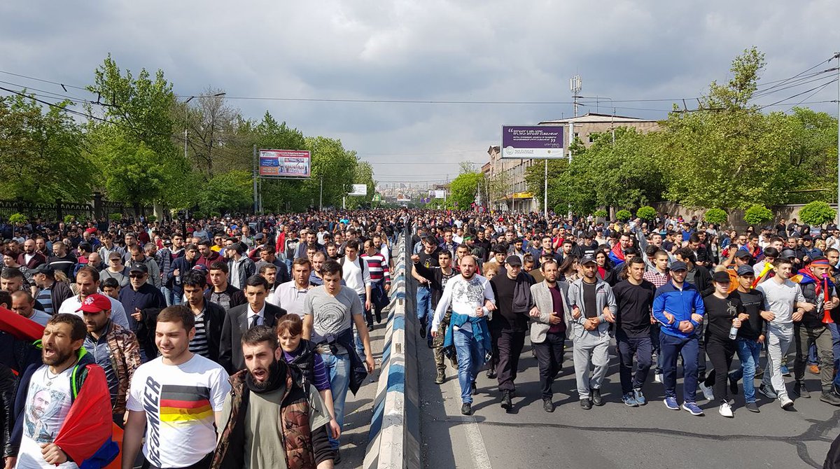 Tens of thousands continue to conduct mass civil disobedience actions throughout the city. Police issued a statement that all demonstrations &amp; protests are considered unlawful &amp; that police will disperse with all means under their disposal. #RejectSerzh #YerevanProtests #Armenia