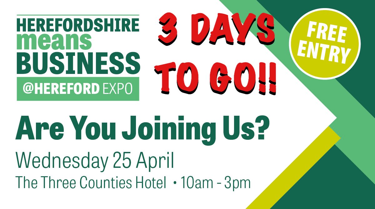 HfdMeansBiz's tweet photo. Are you Registered??? Only 3 days to go till the Hereford means Business Expo at the @3countieshotel 10-3 Register here: https://t.co/8wWwhRevJX #hmbiz https://t.co/vWiyeLlbYw