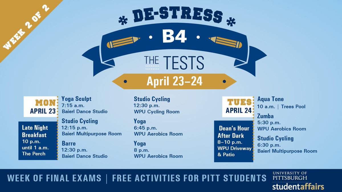 PittStudents's tweet photo. Check out the awesome de-stress events going on next week! There will be studio cycling, yoga, aqua tone and more to help you relieve stress and re-energize! https://t.co/SUF9VjUXH3
