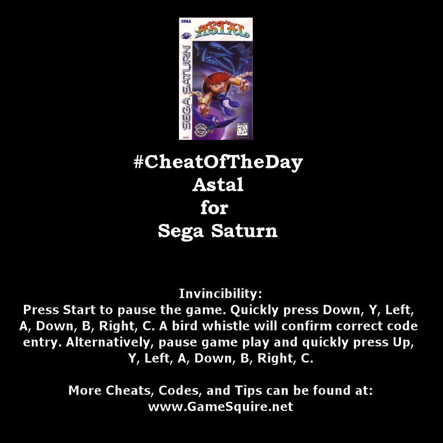 GameSquire's tweet image. #CheatOfTheDay #Astal #Invincibility #SegaSaturn instagram.com/p/Bh4Y9z2lU_A/ #Sega #Saturn #Gaming #Gamer #Gamers #Retro #RetroGaming #RetroGamer #RetroGamers #Classic #ClassicGaming #ClassicGamer #ClassicGamers #GamersUnite #RetroCollective #GameCollector #VideoGames #VideoGame