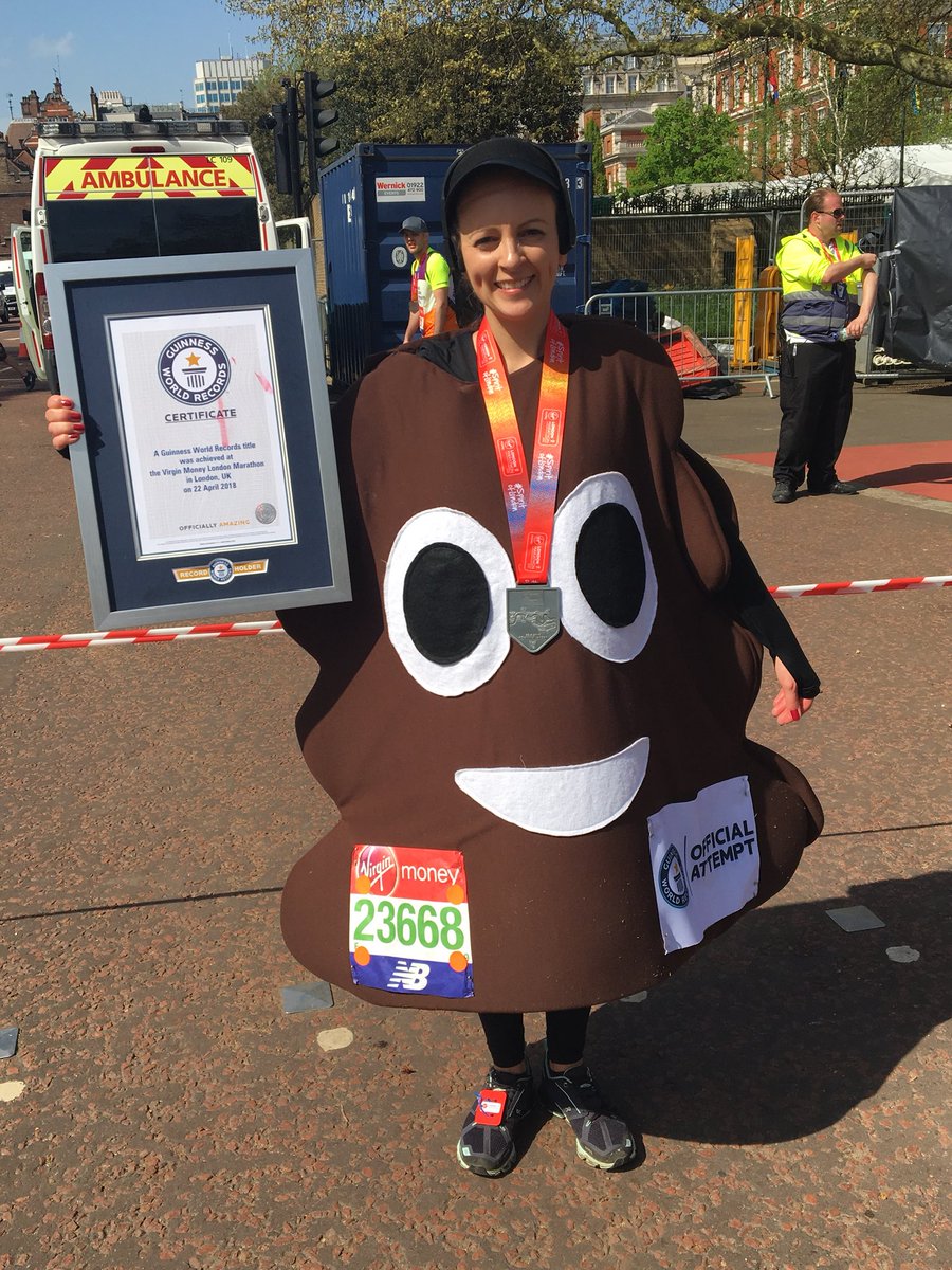 GWR's tweet photo. She must be pooped! 💩 Londoner Victoria Bell has set a new record for the fastest marathon dressed as an emoji (female) at the #LondonMarathon. Raising money for @WaterAidUK, she completed the race in 4:18:06 https://t.co/XRnTqKZad2