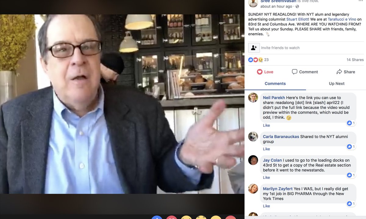 I'm learning so much watching <a href="/stuartenyt/">Stuart Elliott</a> reading The New York Times <a href="/nytimes/">The New York Times</a> with <a href="/sree/">Sree Sreenivasan (sreenet.substack.com)</a> <a href="/neilparekh_uww/">Neil Parekh (Fmr Dir, Network Comms, United Way)</a> There's still time to watch! Or catch the replay: readalong.link/april22 <a href="/BombayShirtsUSA/">Bombay Shirts USA</a>
